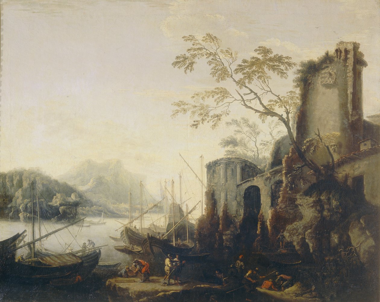 Udsigt over en havn af Salvator Rosa