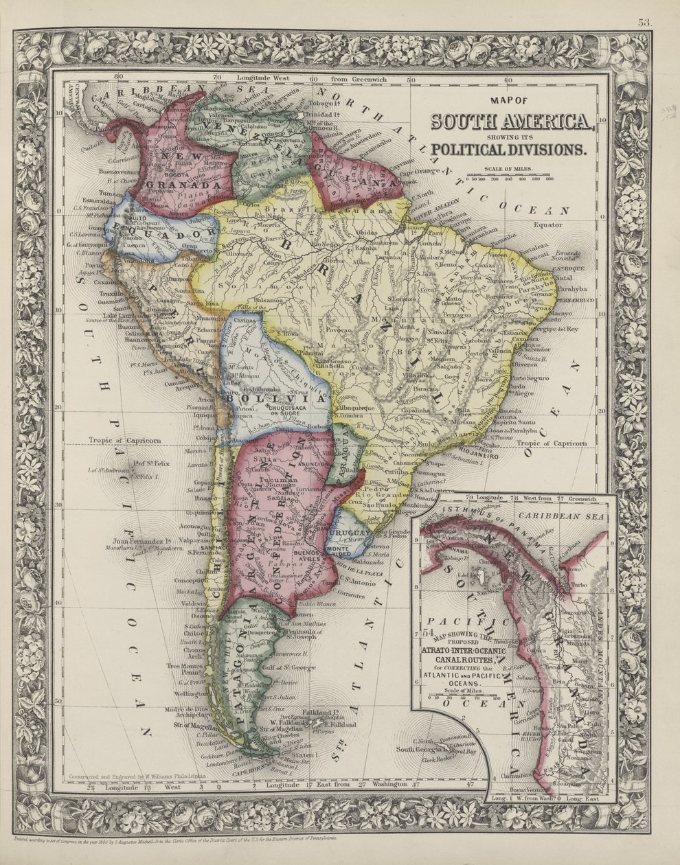 Kort over Sydamerika, der viser dets politiske opdelinger fra Mitchells nye generelle atlas, 1863 af Samuel Augustus Mitchell