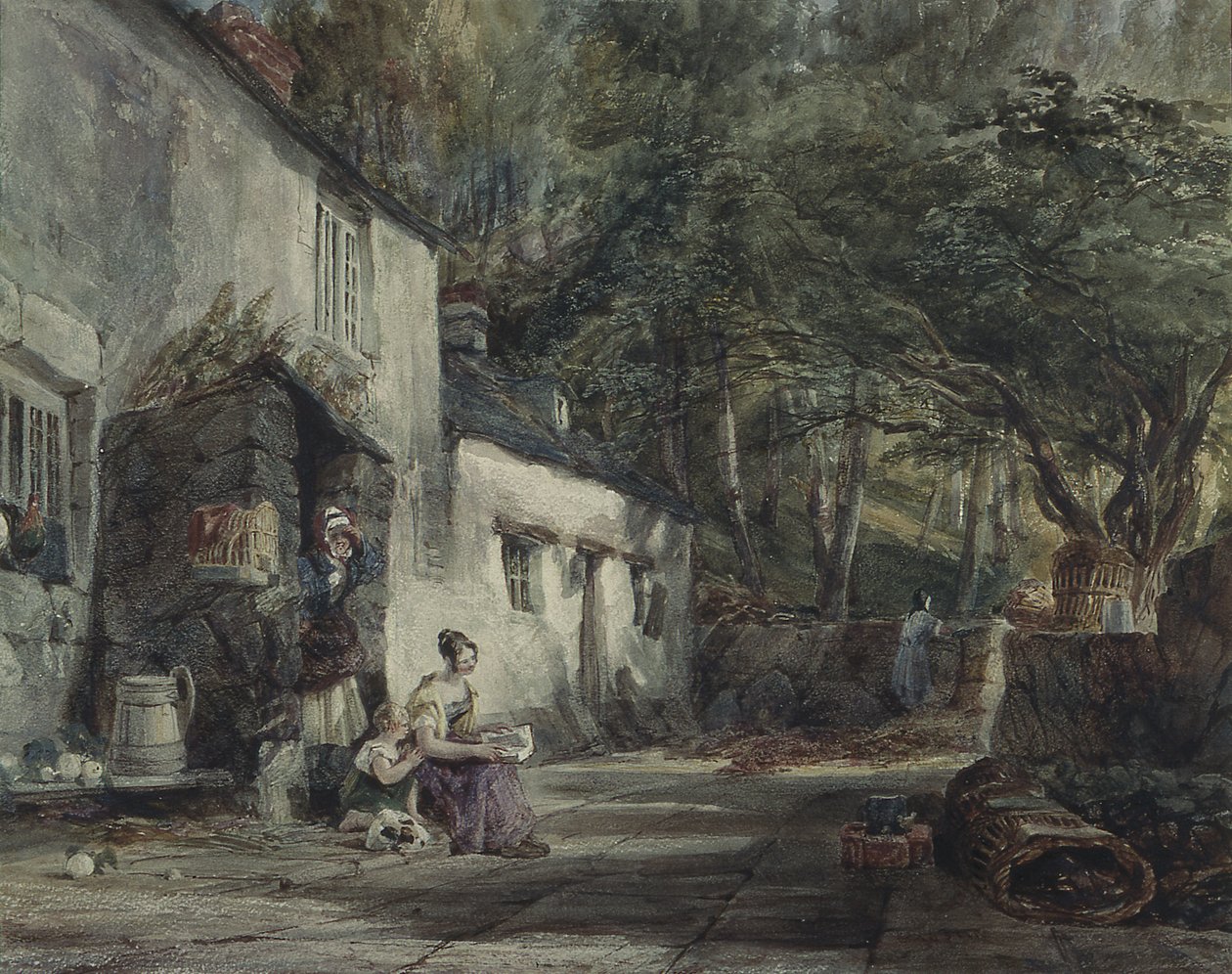 Et sommerhus i North Wales, med figurer (wc på papir) af Samuel Austin