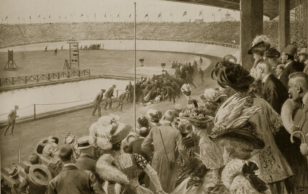 Marathonløbets afslutning, De Olympiske Lege, 1908 af Samuel Begg