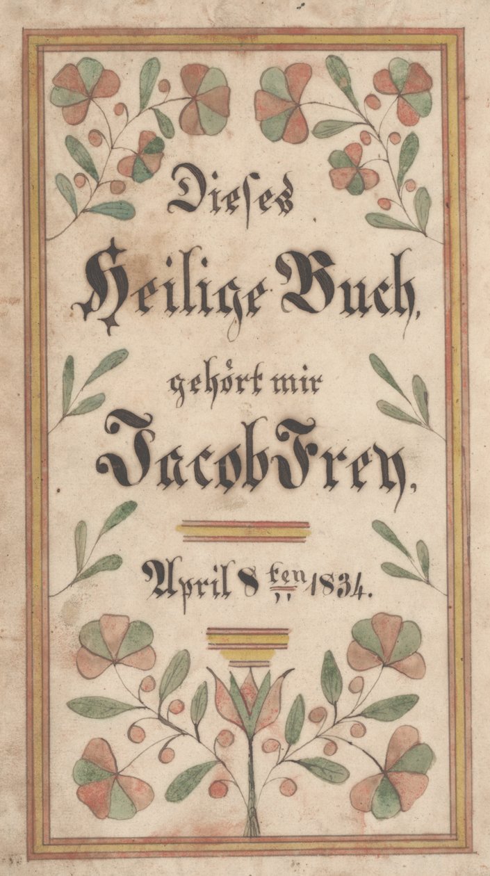 Bogplade til Jacob Frey, 1834 (blæk og farve på papir) af Samuel Bentz