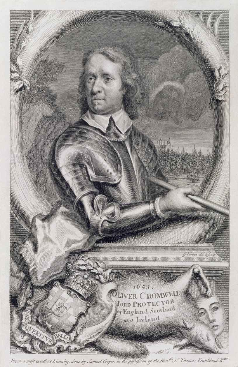 Oliver Cromwell (1599-1658), Lord Protector af England, Skotland og Irland i 1653, graveret af George Vertue (1684-1756) af Samuel Cooper