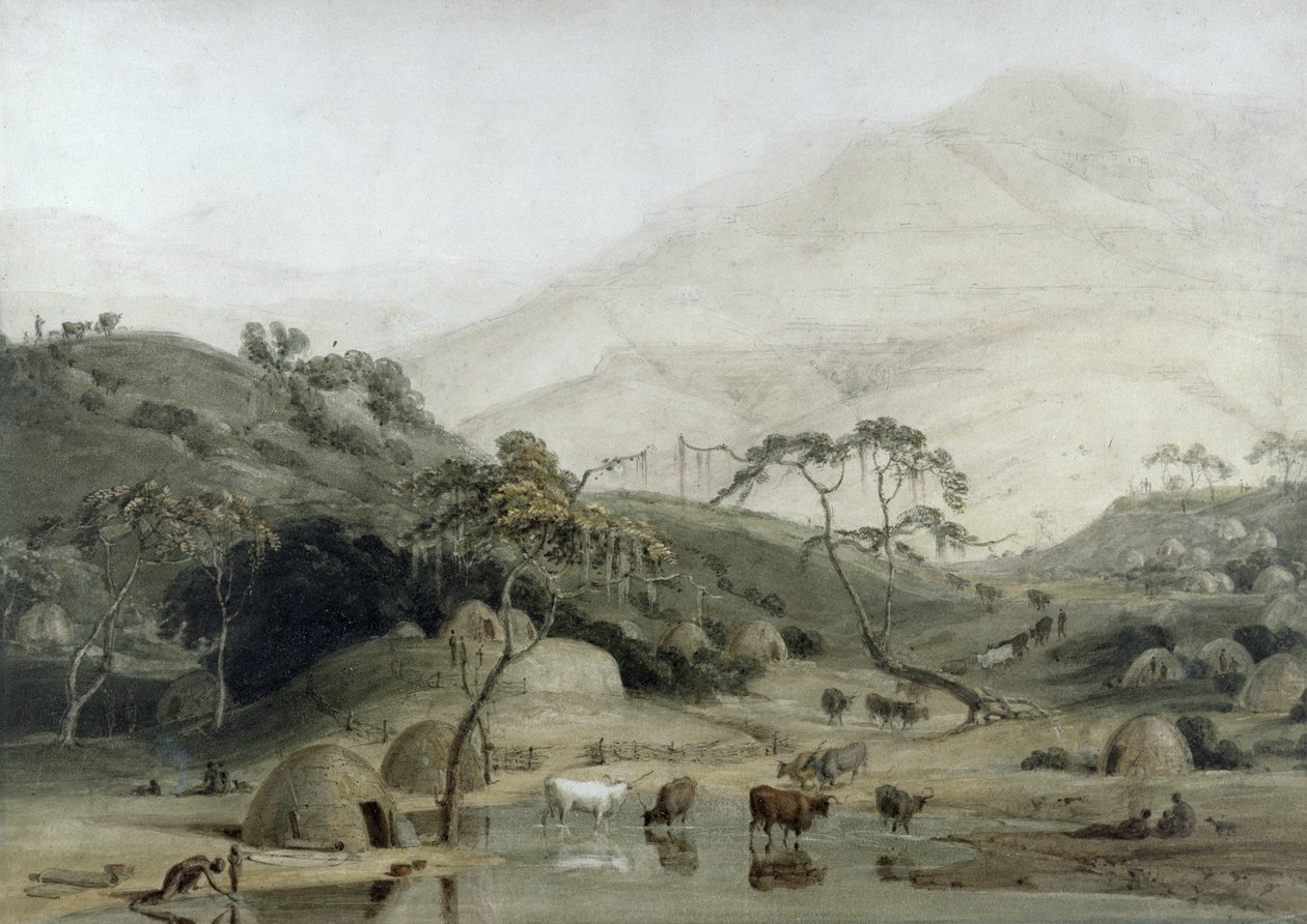 A Kaffir Village, ca. 1801 (wc og grafit på papir) af Samuel Daniell