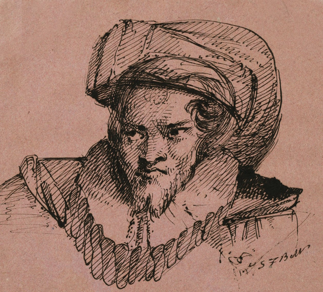 Hoved af en mand med plymerhat, 1840 (pen og sort blæk på pink vævet papir) af Samuel Finley Breese Morse