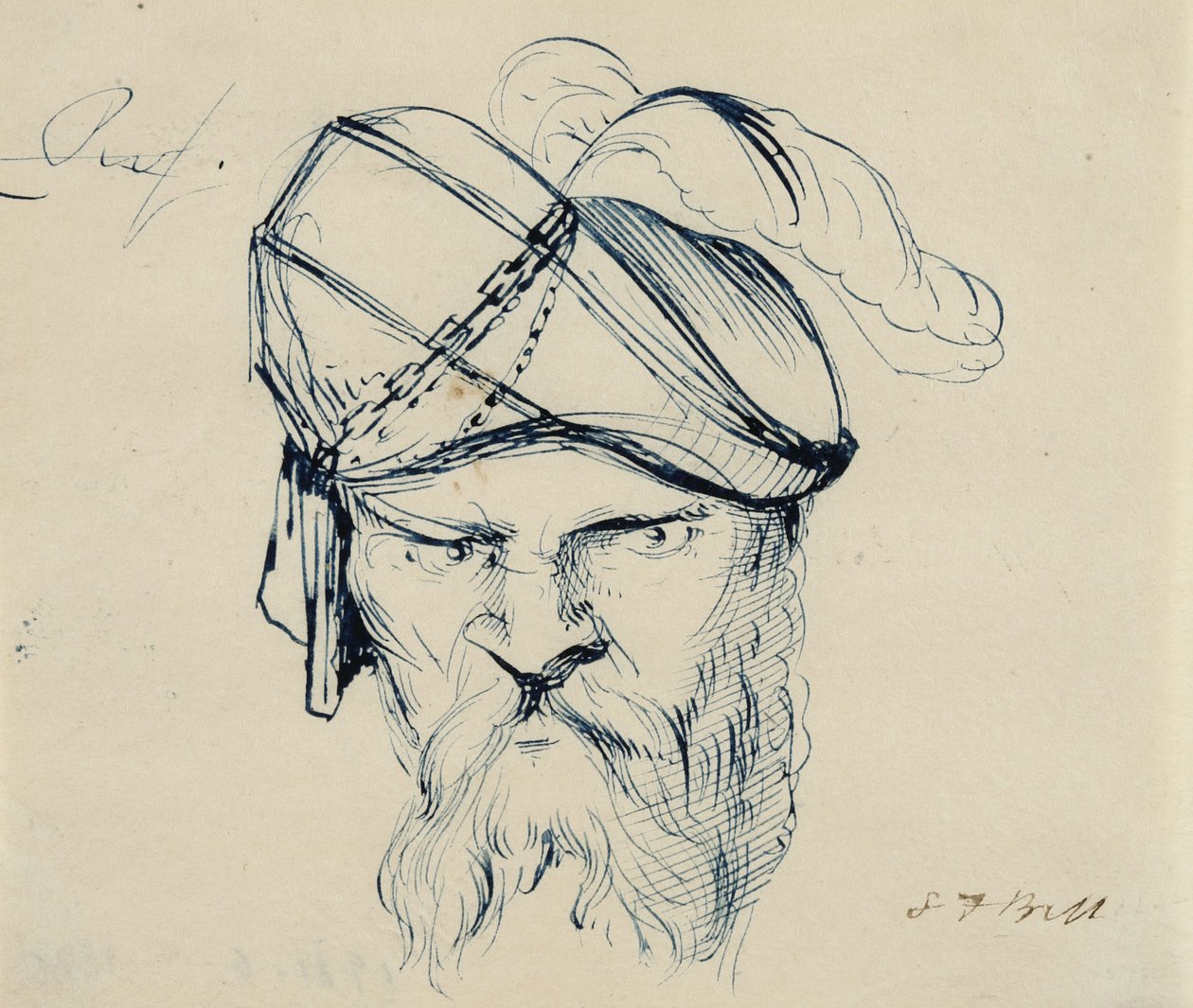 Mand iført en plymeret turban, 1840-42 (pen og blåt blæk på cremevævet papir) af Samuel Finley Breese Morse