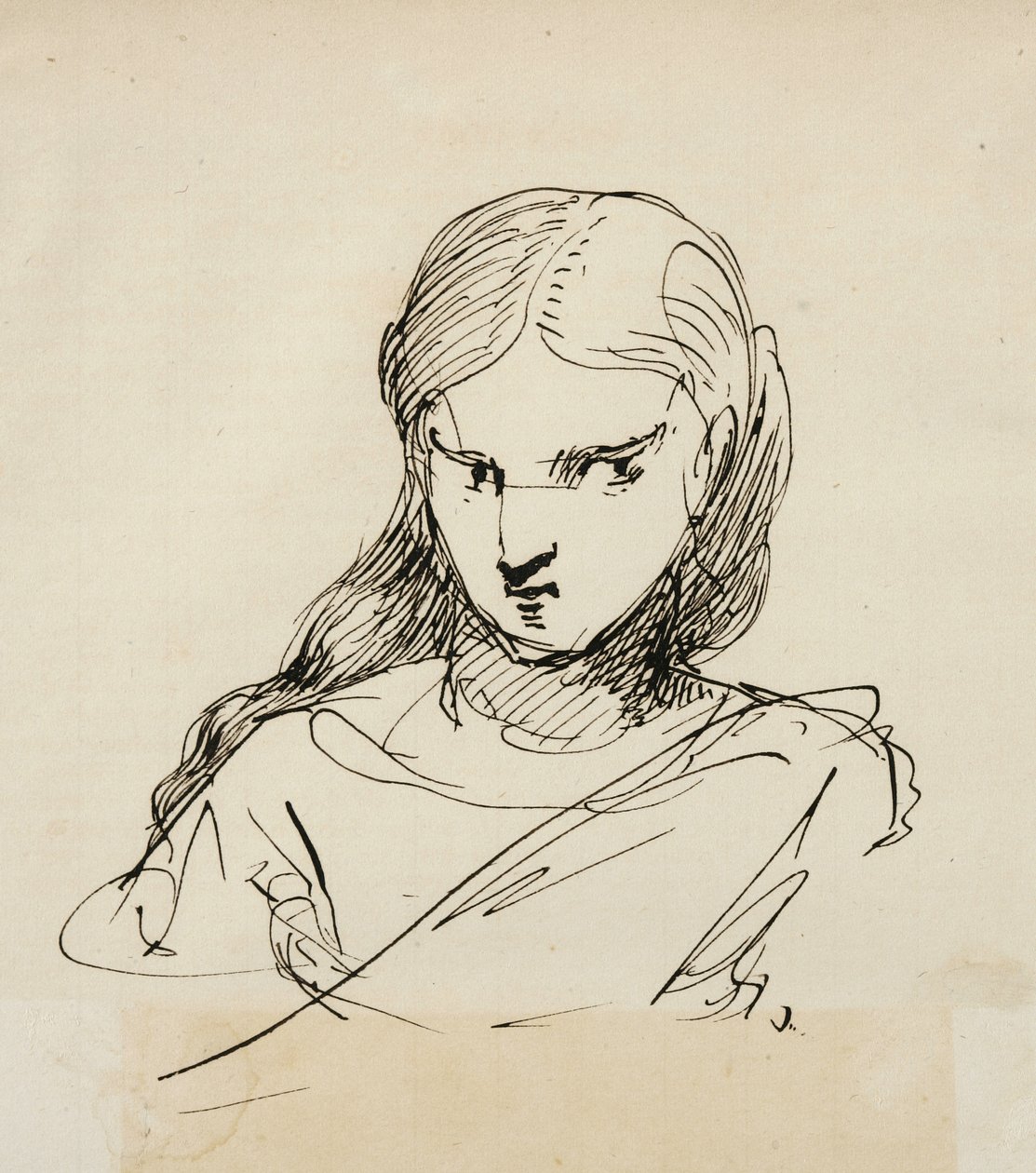 Skitse af kvindelig buste, 1840 (pen og mørkebrun blæk på cremefarvet linieret papir) af Samuel Finley Breese Morse