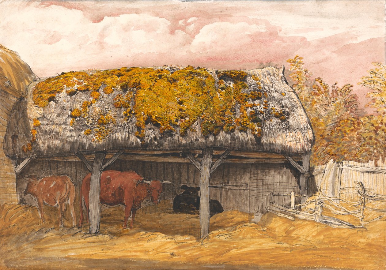 En kohytte med et moset tag af Samuel Palmer