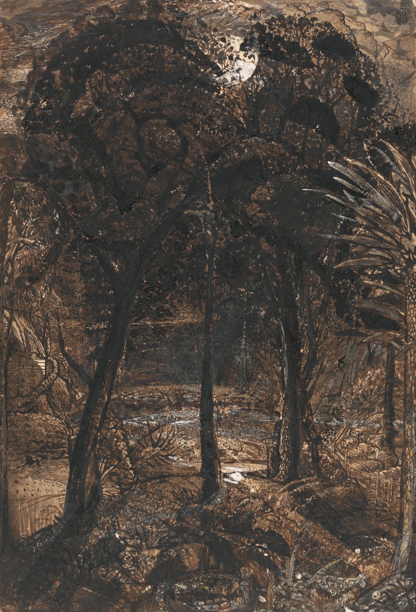En månebelyst scene med en snoede flod af Samuel Palmer
