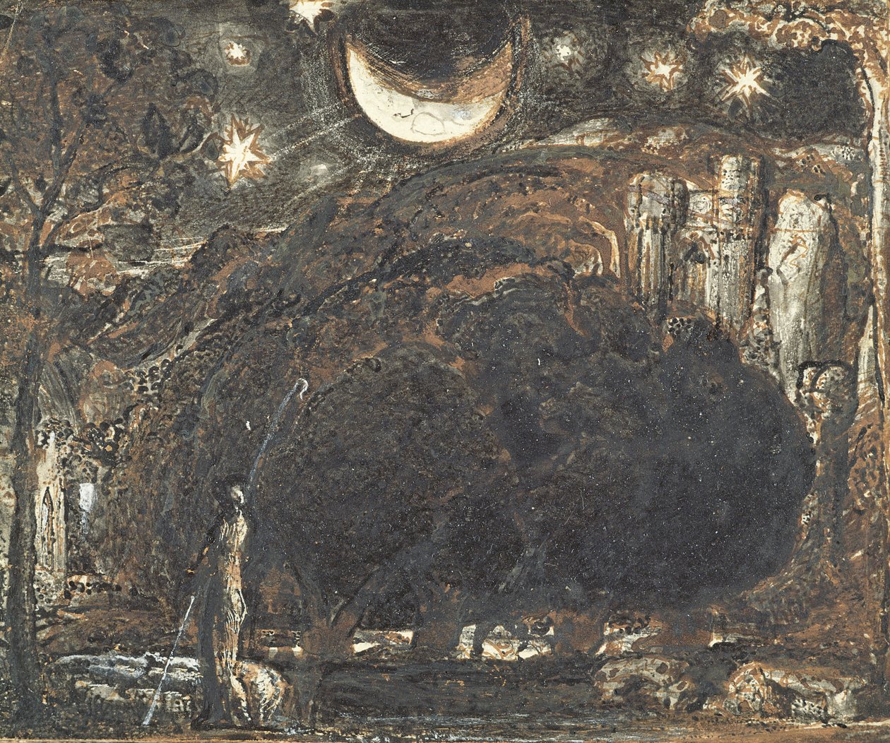 En hyrde og hans flok under månen og stjernerne, ca. 1827 (pen og blækvask på papir) af Samuel Palmer