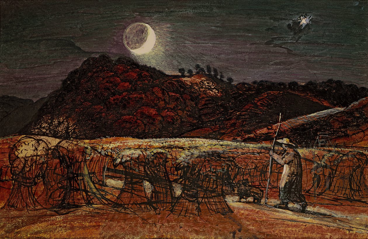 Cornfield by Moonlight, with the Evening Star, ca. 1830 (wc og kropsfarve med pen og blæk) af Samuel Palmer