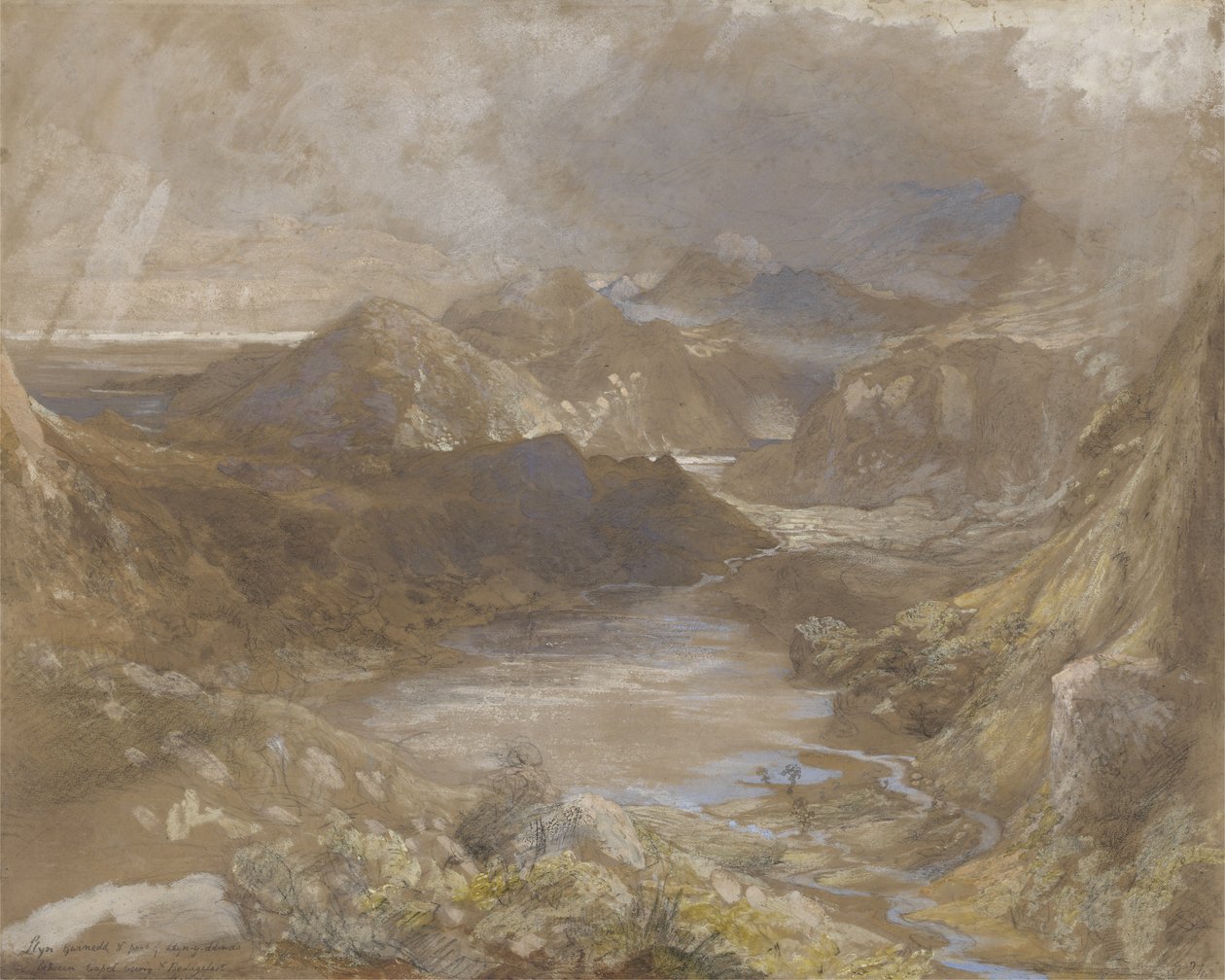 Llwyngwynedd og en del af Llyn-y-ddina Mellem Capel Curig og Beddegelert, North Wales, 1835-36 (wc, gouache og grafit på papir) af Samuel Palmer