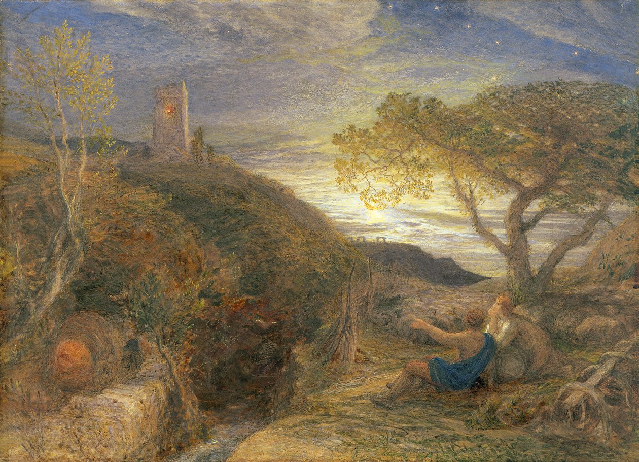 The Lonely Tower, 1868 (wc og kropsfarve og gummi arabic på London board) af Samuel Palmer