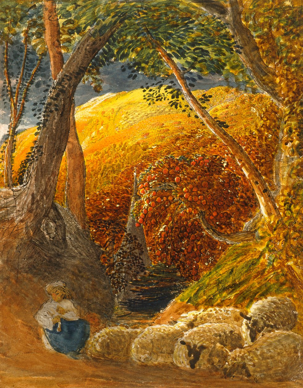 Det magiske æbletræ (indisk blæk og wc) af Samuel Palmer