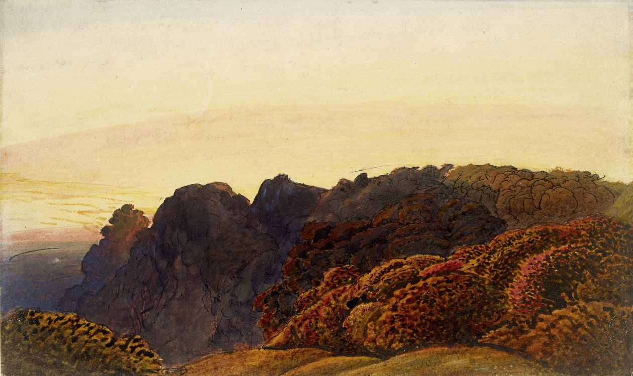 Yellow Twilight, ca. 1830 (pen og tusch og vask, med akvarel og bodycolor og arabisk gummi arabicum, på hvidt papir) af Samuel Palmer