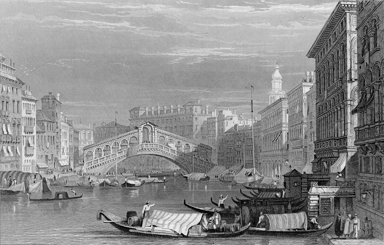 Rialtobroen, Venedig, graveret af Edward Finden, c.1830 af Samuel Prout