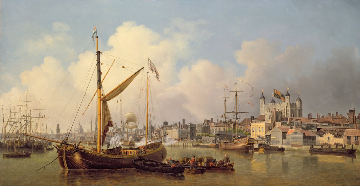 Themsen og Tower of London angiveligt på kongens fødselsdag, 1771 af Samuel Scott