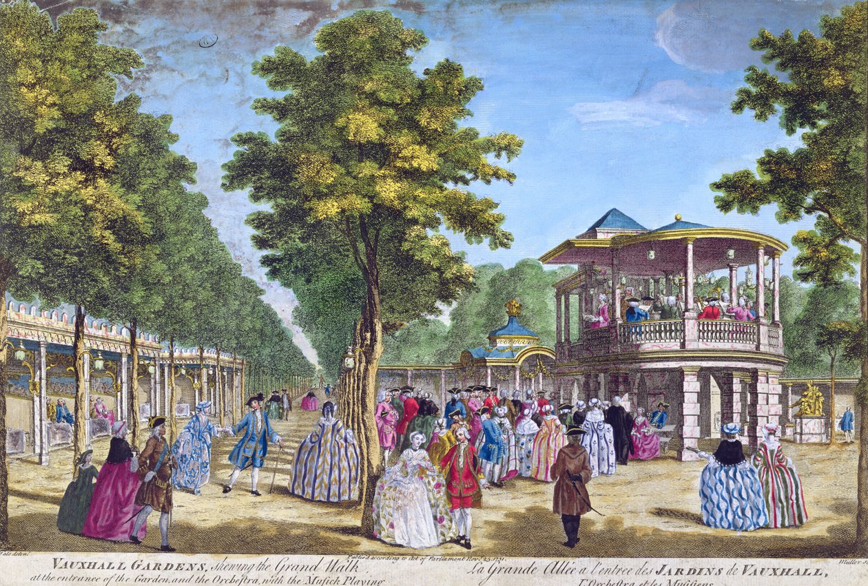 Udsigt over Grand Walk ved indgangen til Vauxhall Pleasure Gardens med orkesteret, graveret af Muller af Samuel Wale