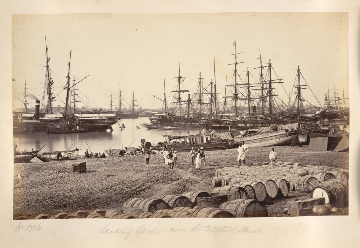 Lander varer nær Custom House, Calcutta af Samuel Bourne