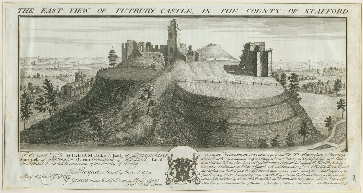 Tutbury Castle - East View: gravering af Samuel Buck