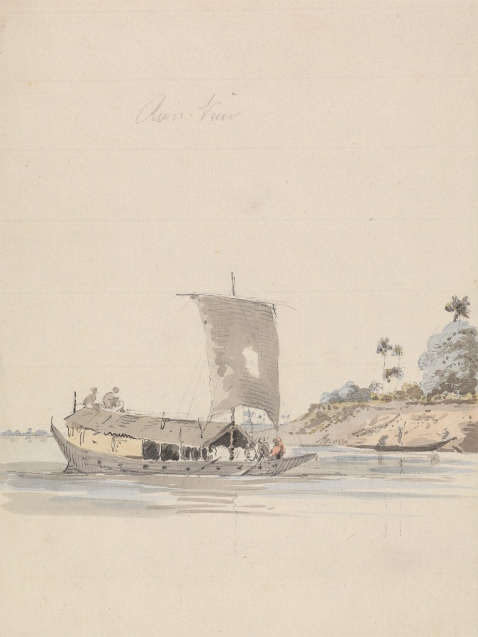 Flodudsigt med en junk (nær Rajmahal?) af Samuel Davis