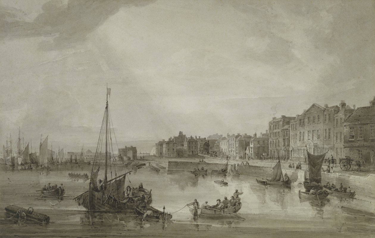 Margate Harbour, 1806 (brun vask over grafit) af Samuel Owen