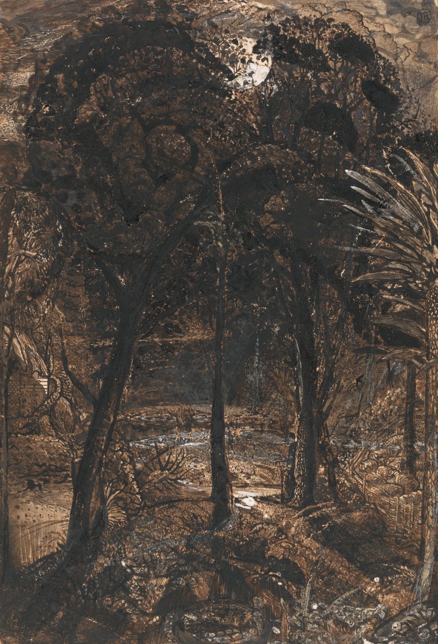 En månebelyst scene med en snoet flod af Samuel Palmer
