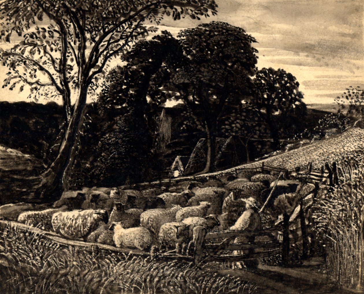 Fårefolden, ca. 1831-32 (Akvarel) af Samuel Palmer