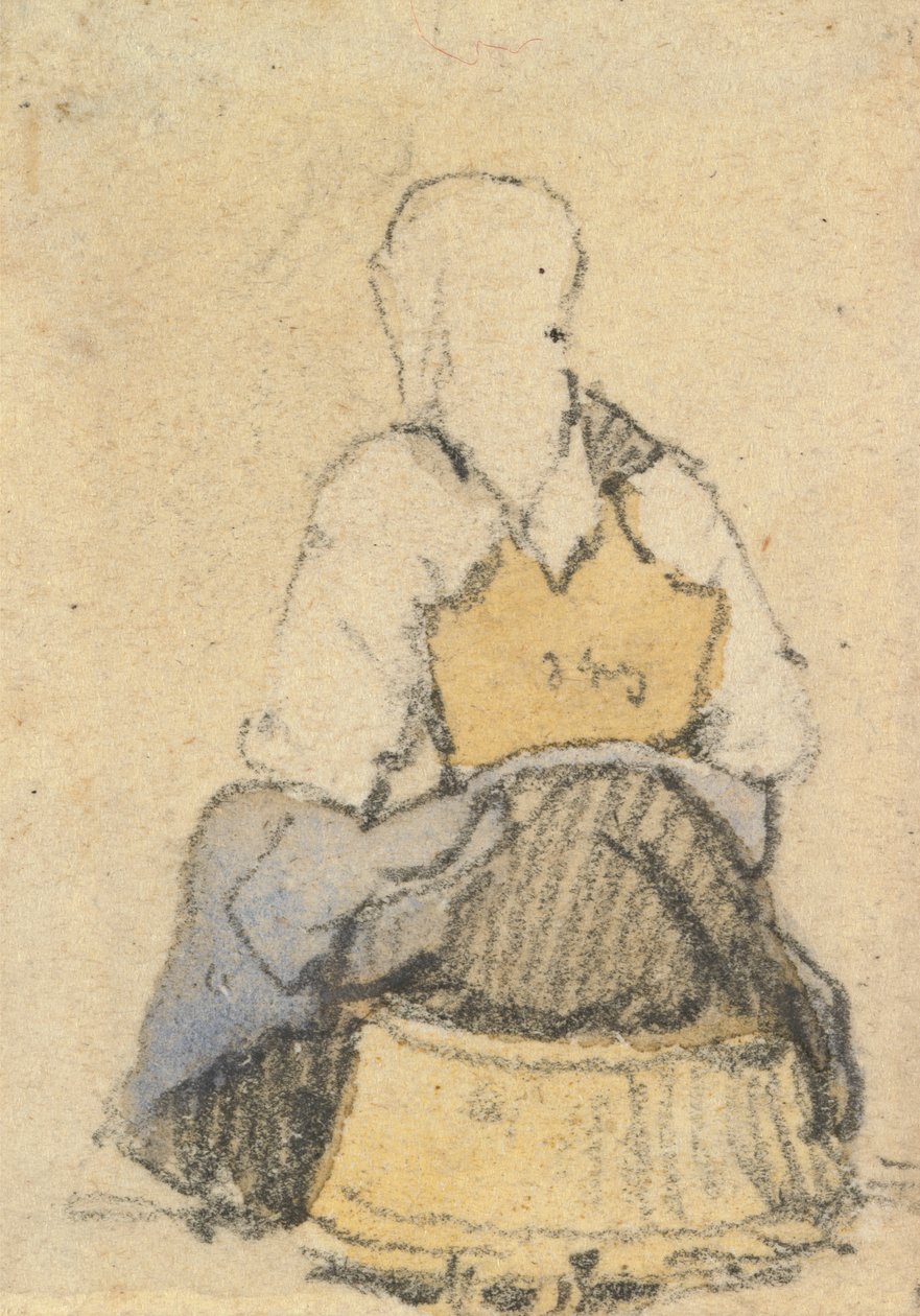 En siddende bondekvinde set bagfra af Samuel Prout