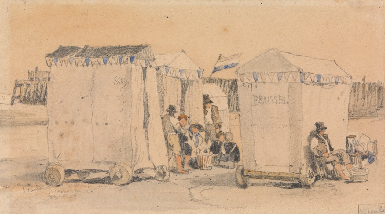 Badetelte på stranden, Oostende af Samuel Prout