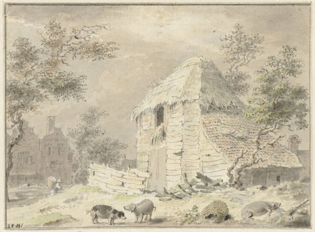 Gårdlade med nogle grise af Samuel van Huls (possibly)