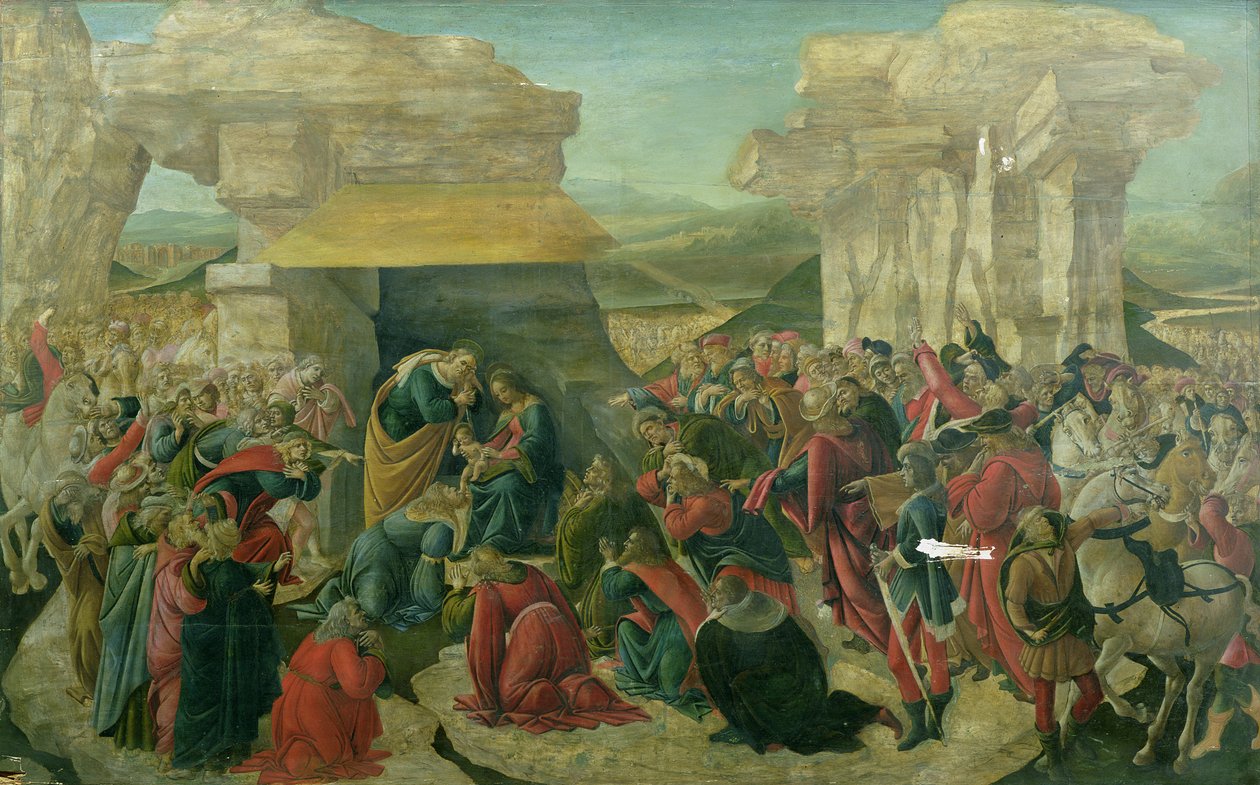 Tilbedelse af Magi, ca. 1480 (tempera på panel) (beskadiget) af Sandro Botticelli