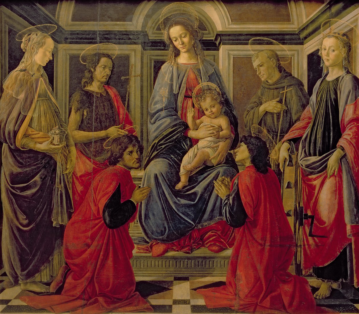 Jomfru og Barn med SS. Mary Magdalene, Johannes Døberen, Cosmo, Damian, Francis og Catherine, ca. 1470-72 (tempera på panel) af Sandro Botticelli