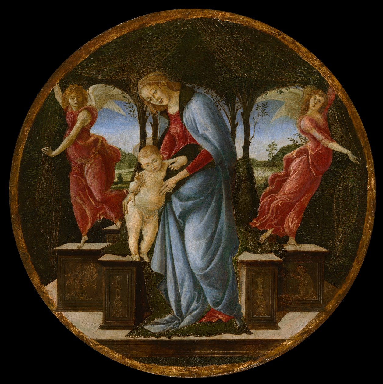 Jomfru og barn med to engle af Sandro Botticelli