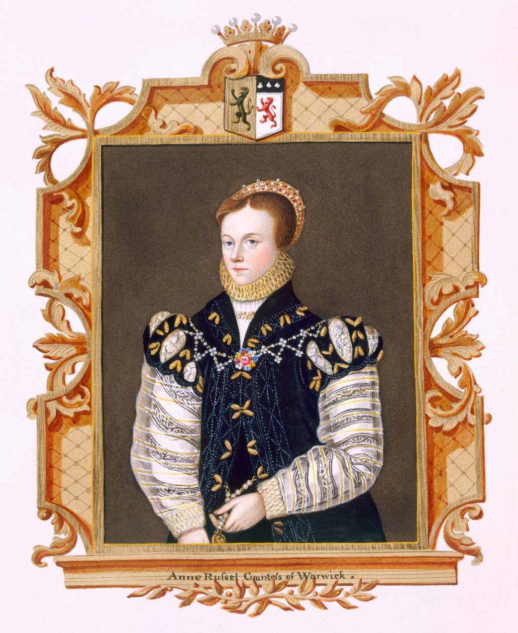 Portræt af Anne Russell (d.1604) grevinde af Warwick fra "Memoirs of the Court of Queen Elizabeth", efter et portræt fra Woburn Abbey fra ca. 1569, udgivet i 1825 (wc og gouache på papir) af Sarah Countess of Essex