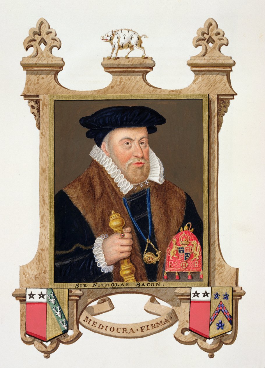 Portræt af Sir Nicholas Bacon (1509-79) fra "Memoirs of the Court of the Queen Elizabeth of the Court of Queen Elizabeth", udgivet i 1825 (wc og gouache på papir) af Sarah Countess of Essex