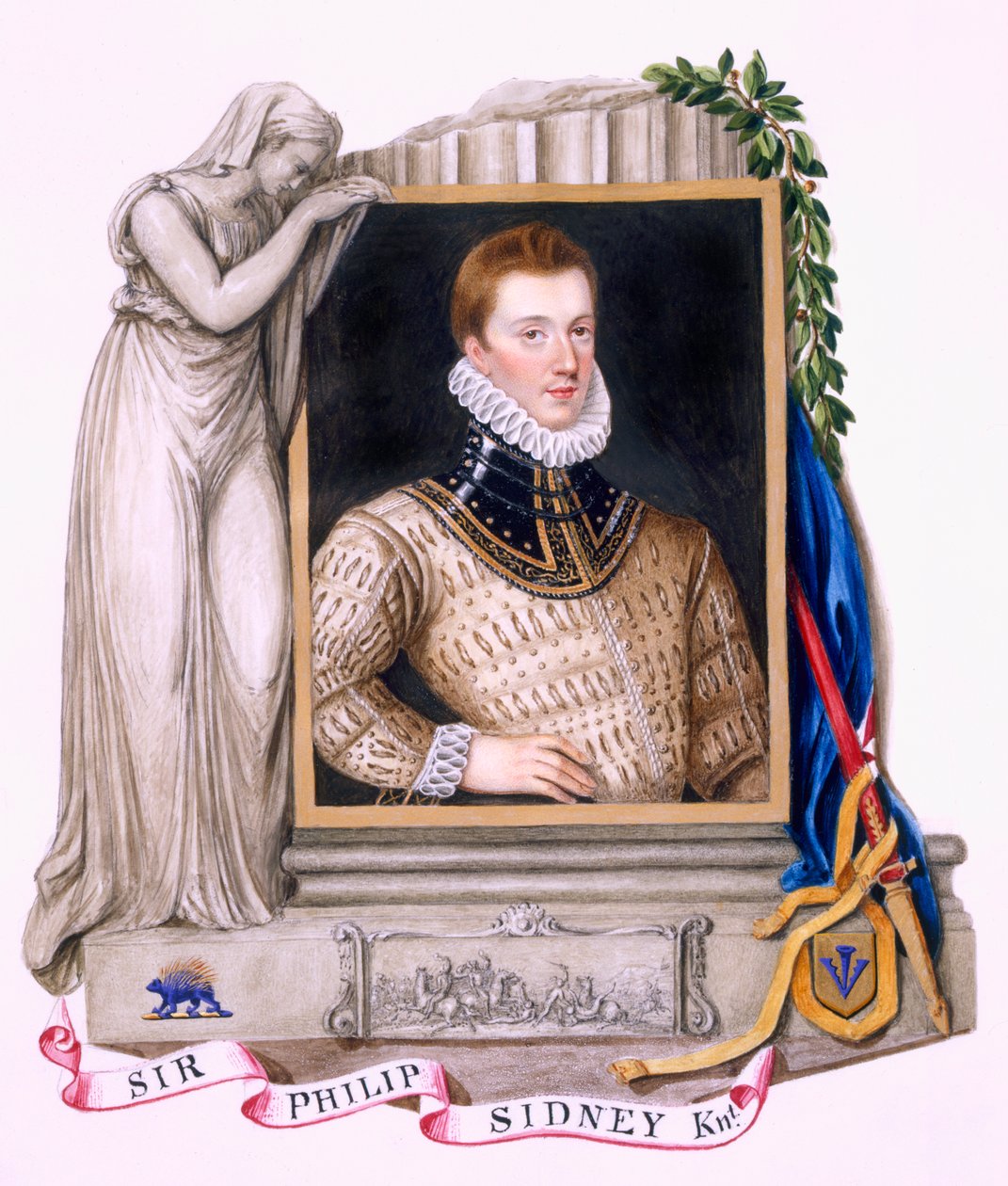 Portræt af Sir Philip Sidney (1554-86) fra "Memoirs of the Court of the Queen Elizabeth of the Court of Queen Elizabeth", udgivet i 1825 (wc og gouache på papir) af Sarah Countess of Essex