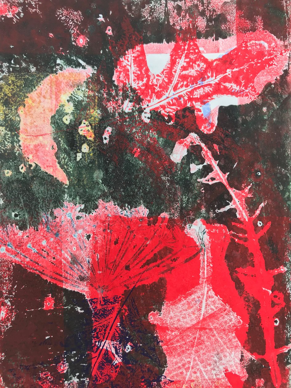 Rød måne (monoprint på papir) af Sarah Thompson Engels