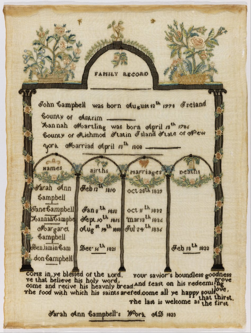 Familieregisterprøveudtager af Sarah Ann Campbell