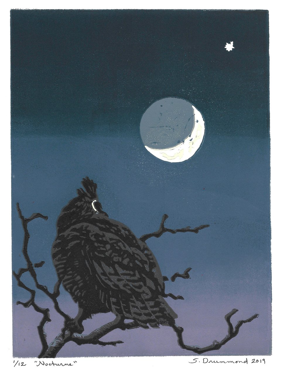 Nocturne, 2019 (linoleumssnit) af Sarah Drummond