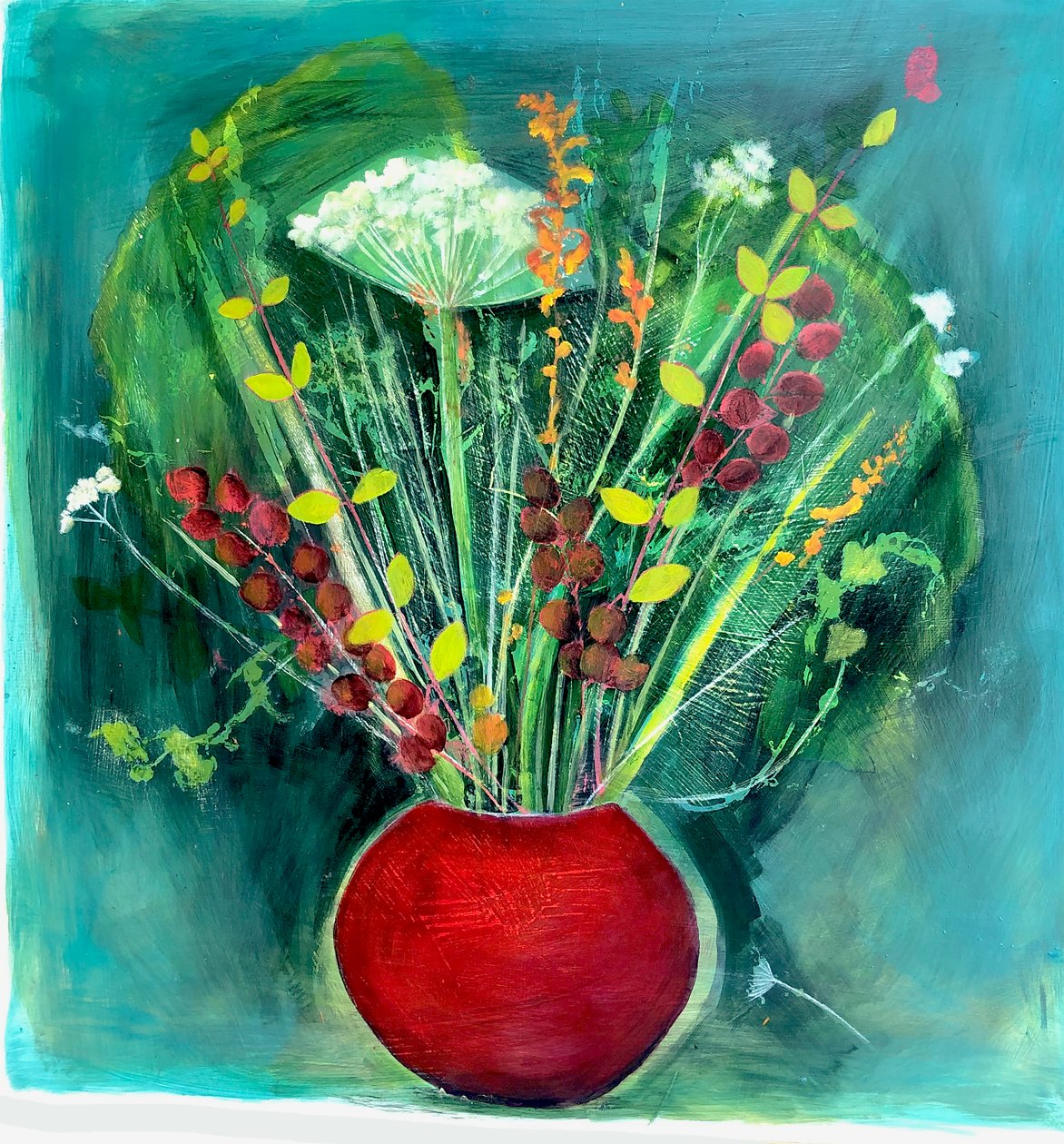 Rødbrun vase, 2022 (olie på lærred) af Sarah Thompson Engels