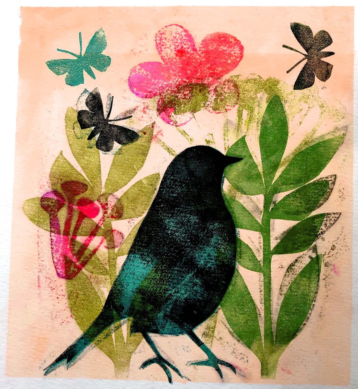 Fugl og sommerfugl, 2019 (blæk mono print) af Sarah Thompson Engels