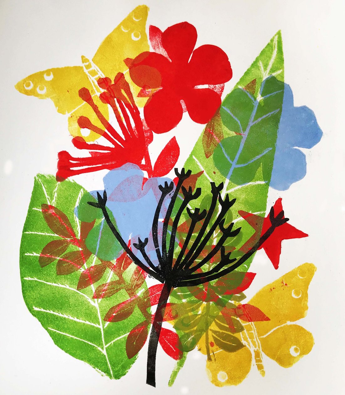 Frøhoveder og blomster, 2019 (blæk monoprint) af Sarah Thompson Engels