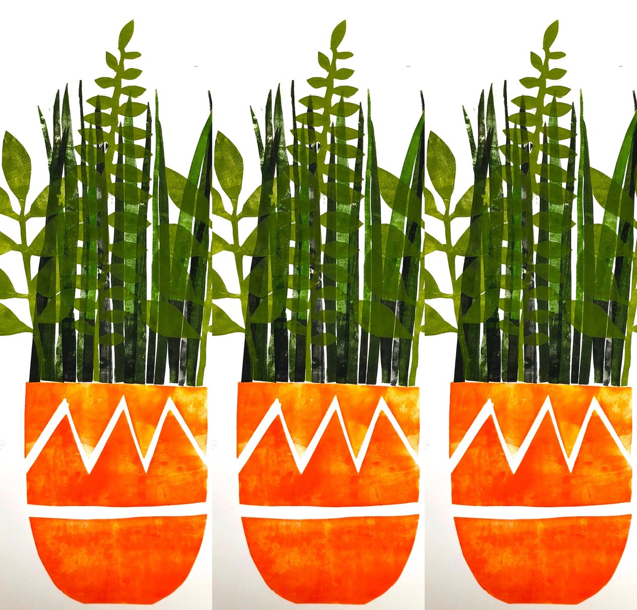 Tre orange vaser, 2021 (monoprint) af Sarah Thompson Engels