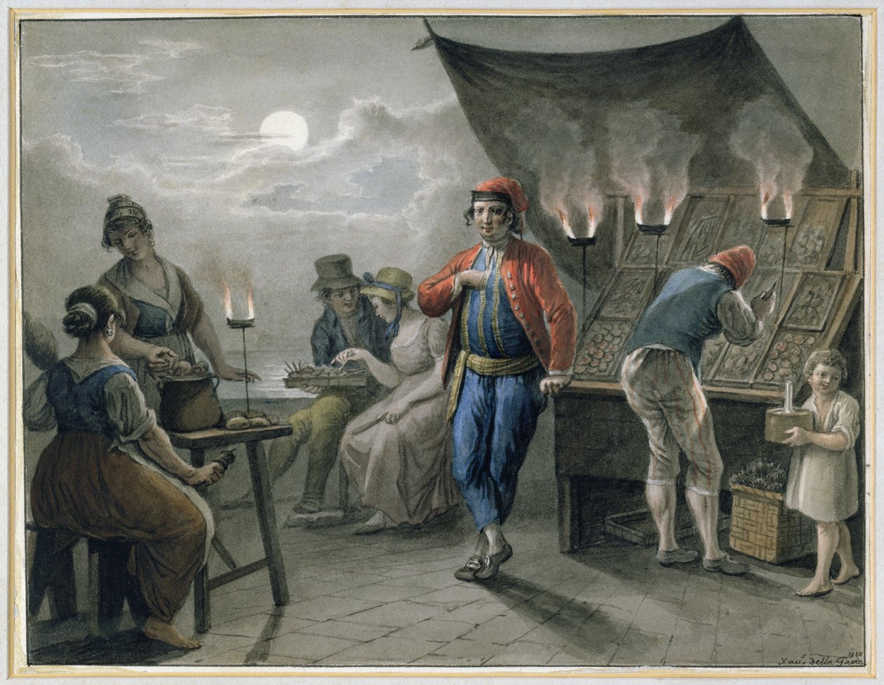 Figurer ved en stald om natten, 1819 (blyant og wc) af Saviero Xavier della Gatta
