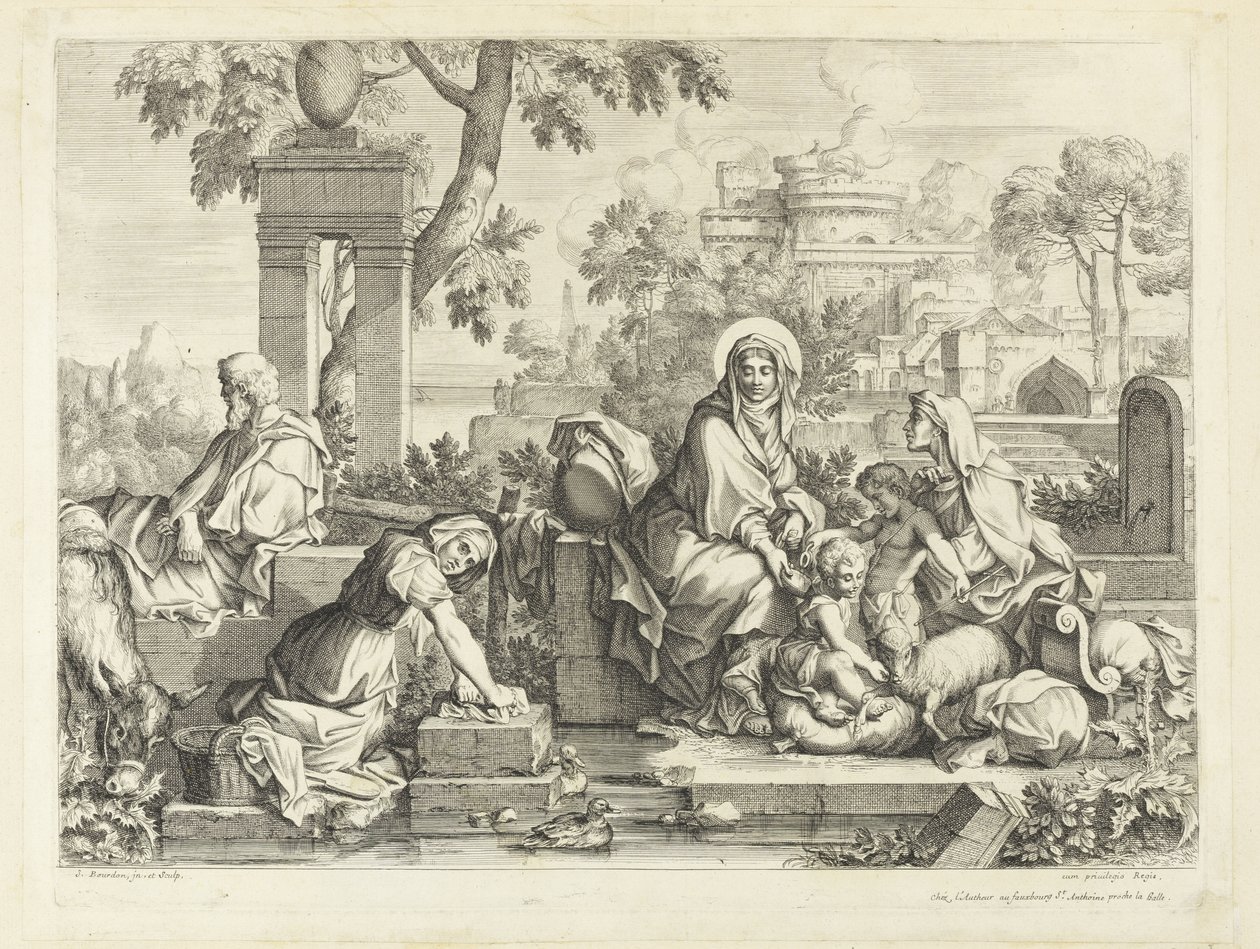 The Holy Family at the washing placedani af Sébastien Bourdon