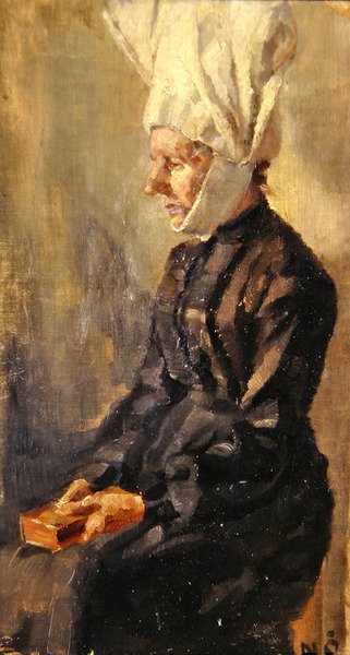 Lady at her Devotions (olie på lærred) af Scandinavian School