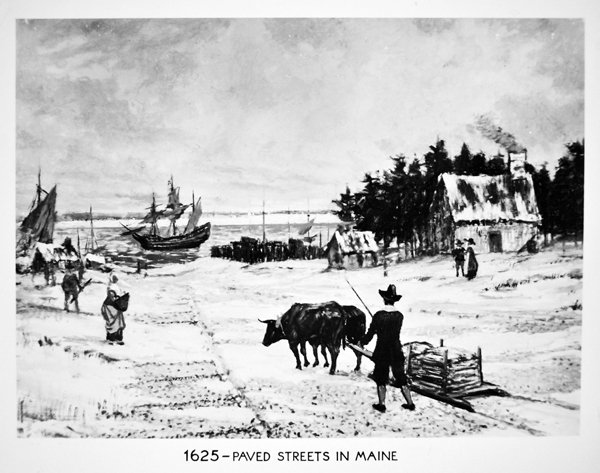 Asfalterede gader i Maine i 1625 (litho) af School American