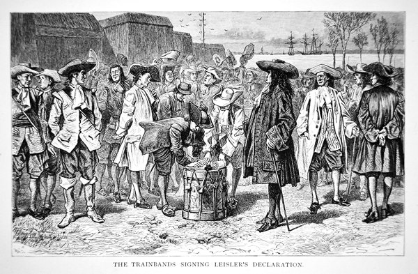 Togbånd, der underskrev Leislers erklæring i 1689 (gravering) af School American