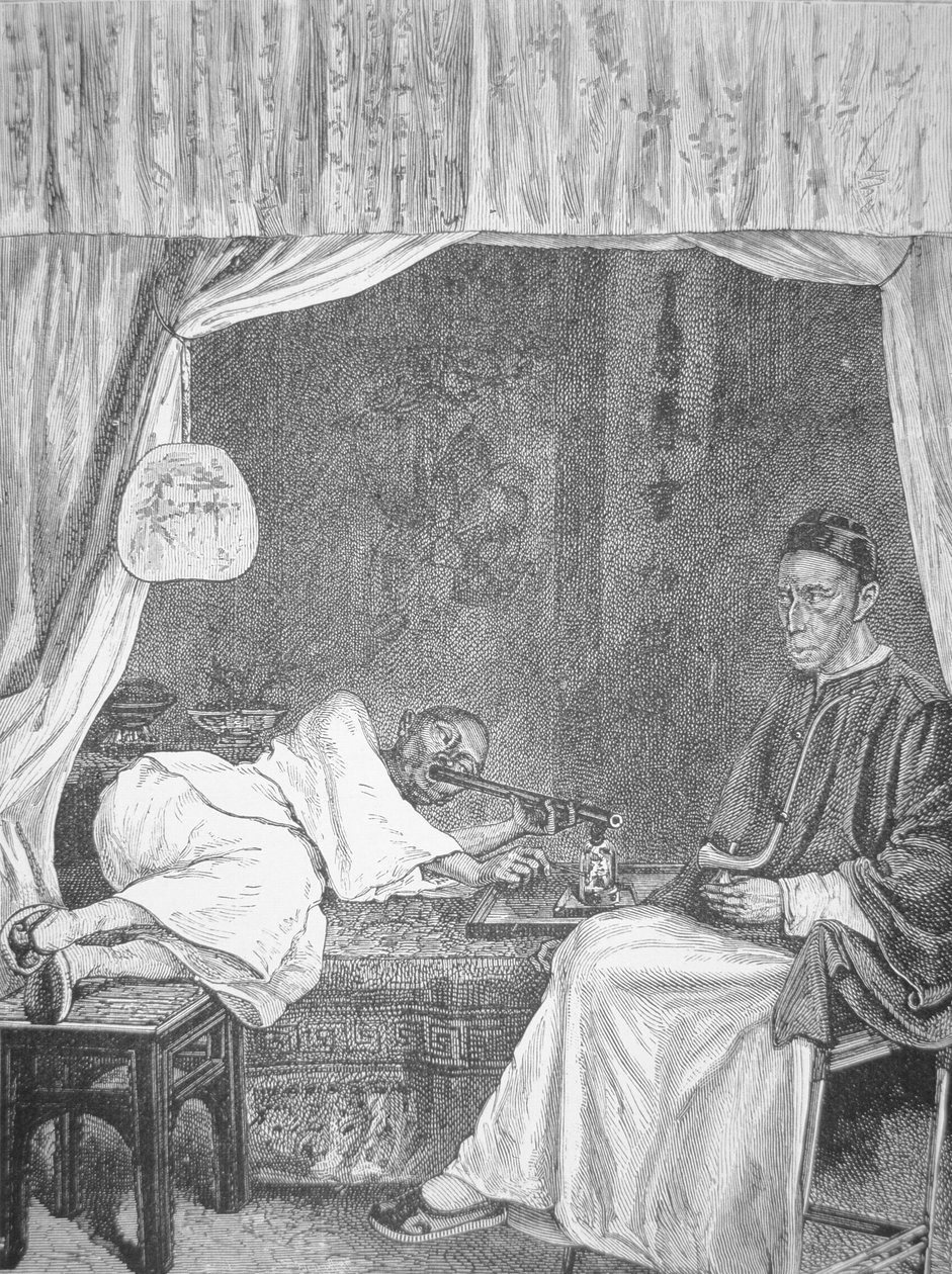 Kinesiske opiumsrygere, gravering fra 1875 (litho) af School Chinese