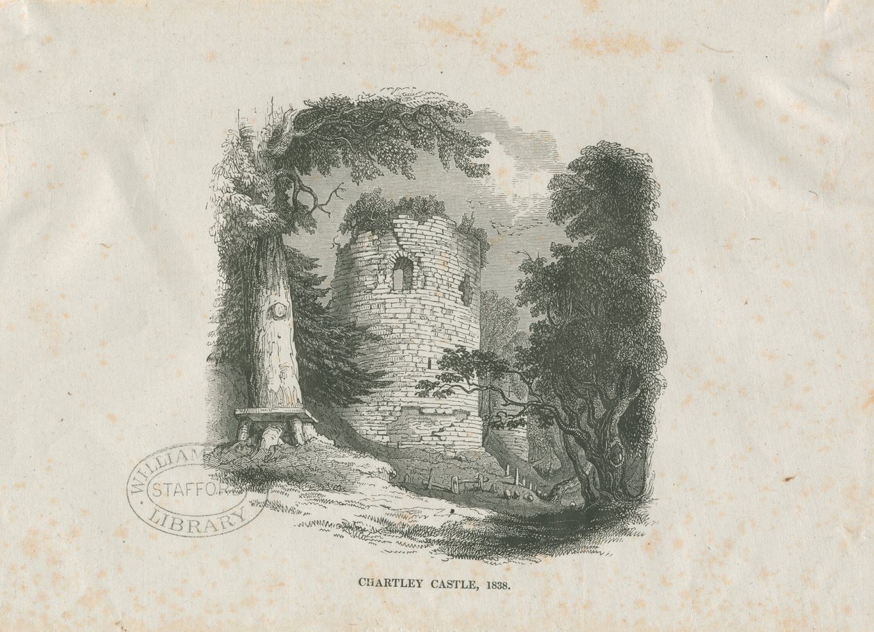 Chartley Castle: træsnitsgravering (vignetteret) af School English